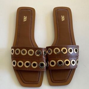 ZARA Brown Leather Gold Eyelet Flat Sandals Size EU 41